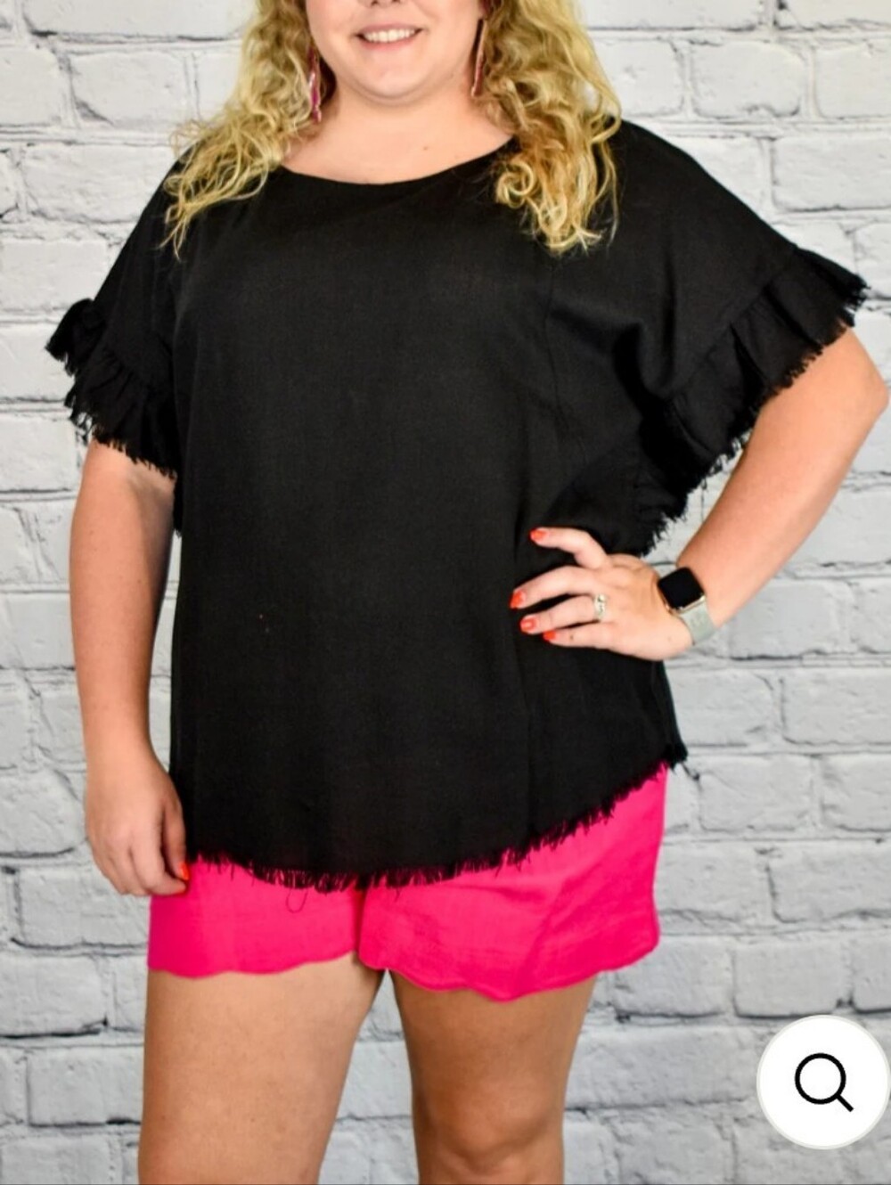 Umgee + Tunic Womens XL Black Short Sleeve Frayed Top Hi Lo Pintuck Solid EUC